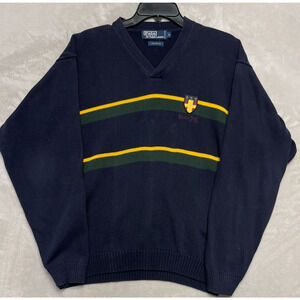 VTG Polo Ralph Lauren Men's V-Neck Sweater Size Large Crest Stripe Navy Cotton